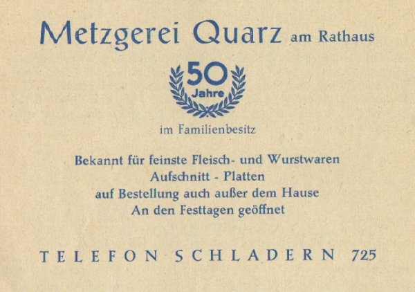 Werbeanzeige Metzgerei Quarz, 1959