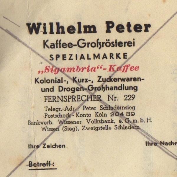 Briefkopf Kaffeerösterei Wilhelm Peter