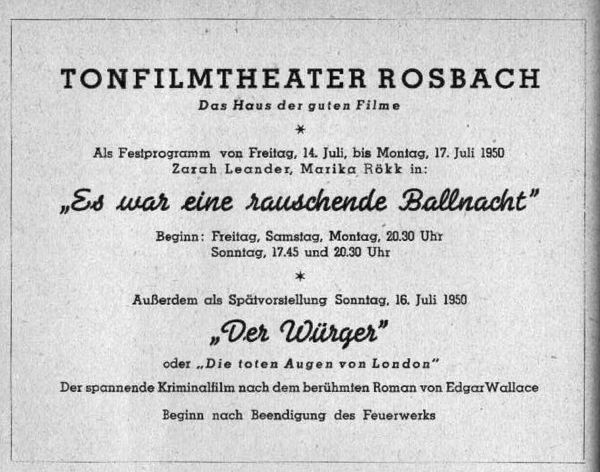 Werbeanzeige Tonfilmtheater Rosbach 1950