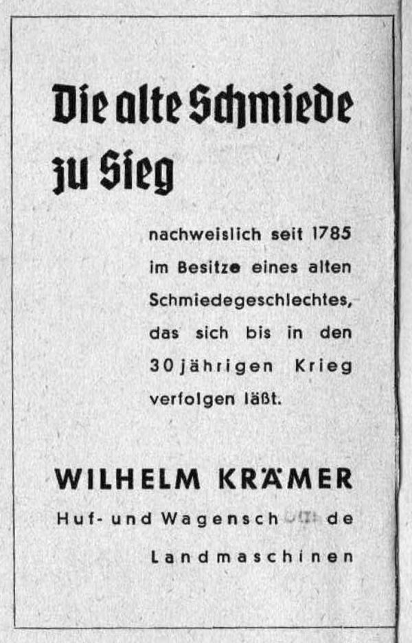Werbeanzeige Alte Schmiede zu Sieg 1950