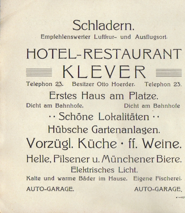 Anzeige Hotel Klever, Schladern